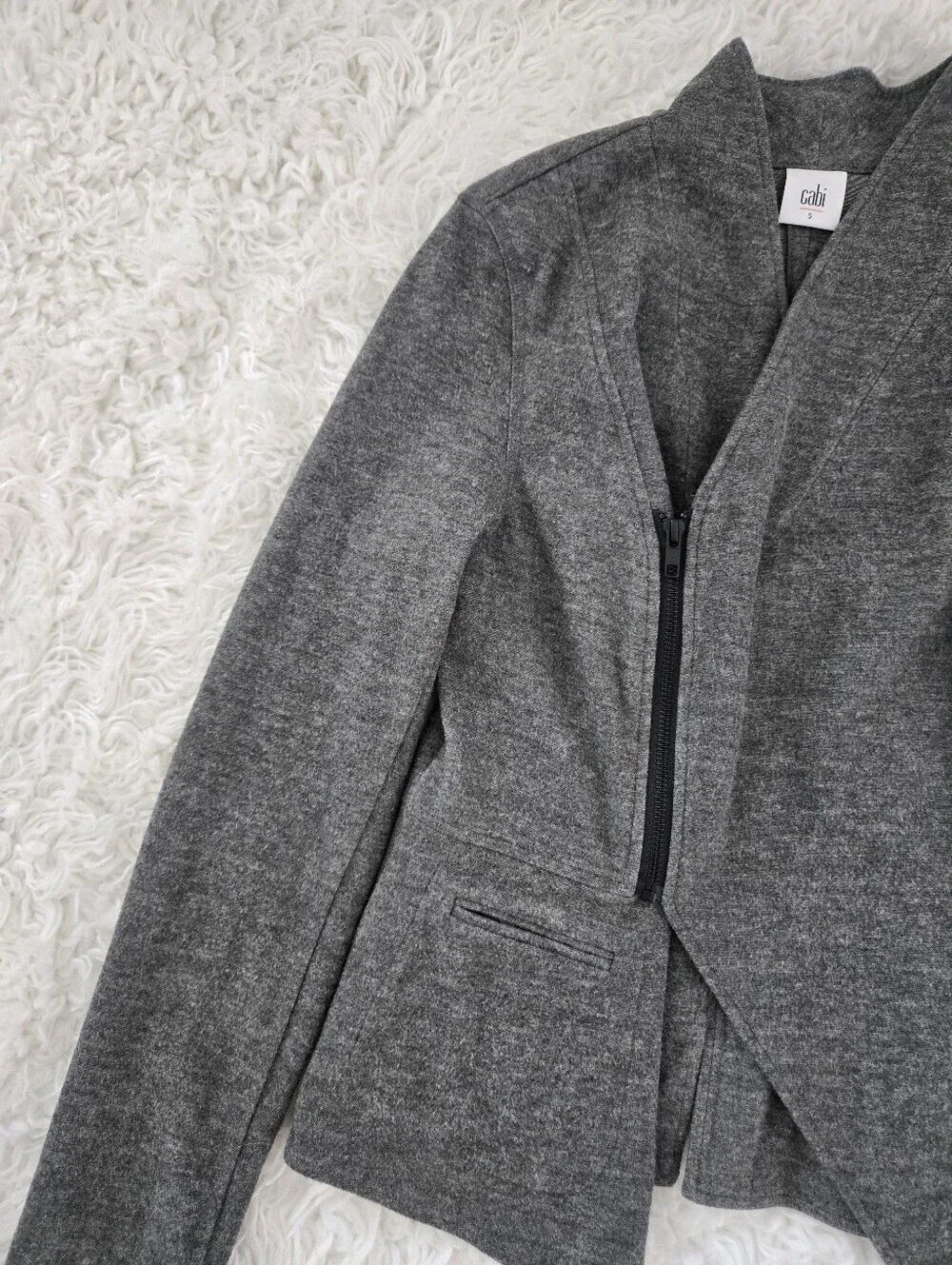 CAbi #3556 Gray Rebel Motto Asymmetrical Zip Up Ponte Knit Jacket Size small